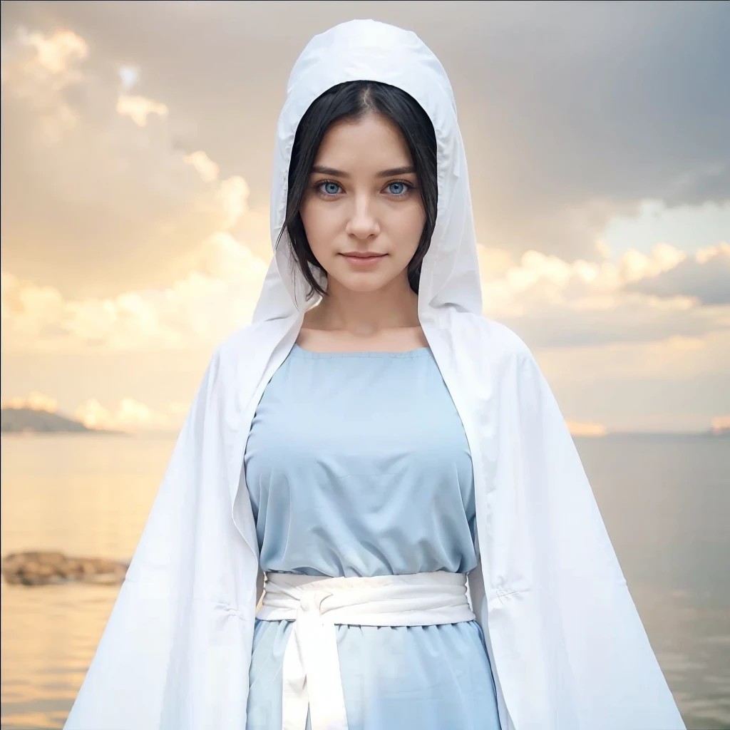 35-year-old woman, light blue eyes, long black hair, serene face with a slight smile, wearing a gray tunic with wide, long sleeves adjusted at the waist with a white sash. She's in the white clouds praying