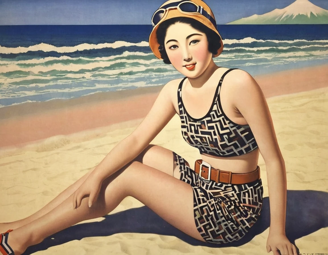 (((1930s Japanese poster)))),Sunset on the beach,masterpiece,close-up,portrait,lay face down on the beach,Japanese woman,(Japanese pompadour:1.3),narrow eyes,Expressionless,(geometric pattern tank top:1.3),(black short pants),(belt),(tight swim cap)