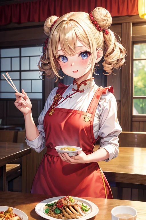 One girl,Blonde,Twin tails,Bun hairstyle,Curly Hair,Red Chinese clothing,apron,Blue Eyes,blush,Mouth wide open,fine,Girl with small,Small breasted girl,Small  Girls,,flat chest
