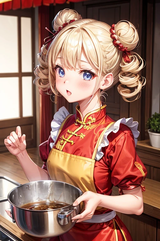 One girl,Blonde,Twin tails,Bun hairstyle,Curly Hair,short hair,Red Chinese clothing,apron,Blue Eyes,blush,Mouth wide open,Energetic girl,Girl with small,Small breasted girl,Small Girls,,flat chest,Chinese restaurant,Gorgeous