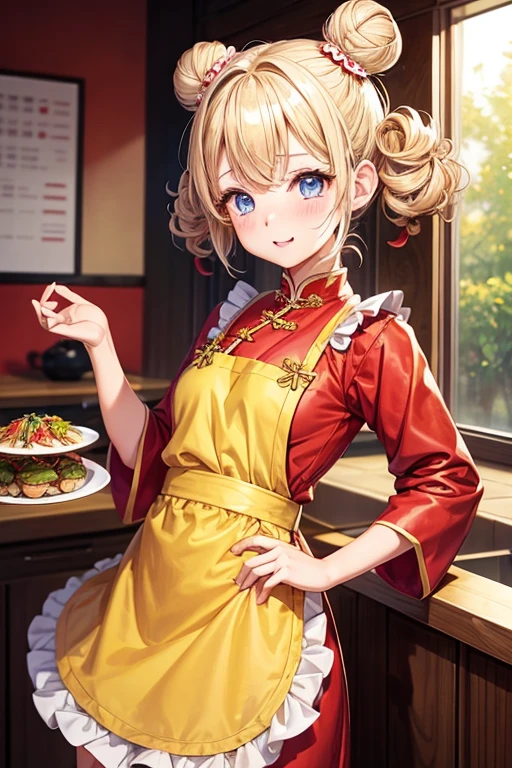 One girl,Blonde,Twin tails,Bun hairstyle,Curly Hair,short hair,Red Chinese clothing,apron,Blue Eyes,blush,Mouth wide open,Energetic girl,Girl with small,Small breasted girl,Small  Girls,,flat chest,Chinese restaurant,Gorgeous