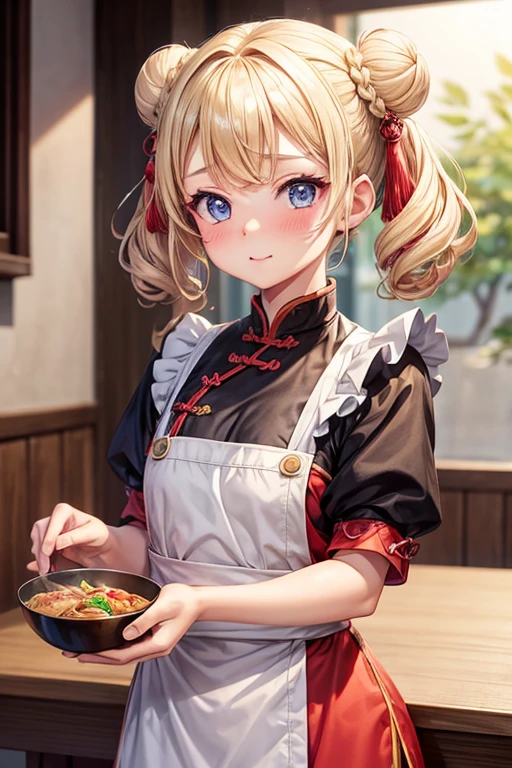 One girl,Blonde,Twin tails,Bun hairstyle,Curly Hair,short hair,Red Chinese clothing,apron,Blue Eyes,blush,Mouth wide open,Energetic girl,Girl with small,Small breasted girl,Small Girls,,flat chest,Chinese restaurant,Gorgeous