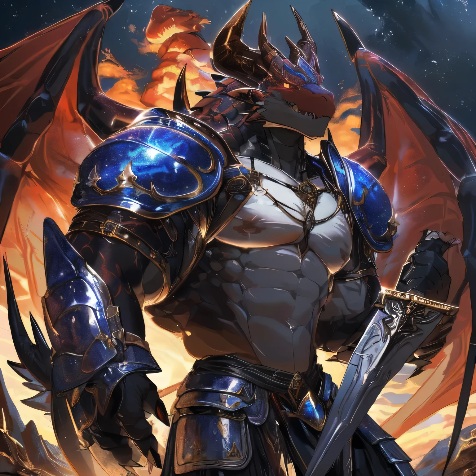 a close up of a black dragon with a sword and armor, red demon armor, dragon knight, black dragon, hyperrealistic d & d fantasy art, muscled humanoid balrog demon, draconic looking armor, demonic dragon inspired armor, epic dragon, d & d fantasy digital art, 4k fantasy art, ruler of inferno, dungeons and dragons fantasy art,by raccoon21,by nullghost,by traveler009,by lingdong