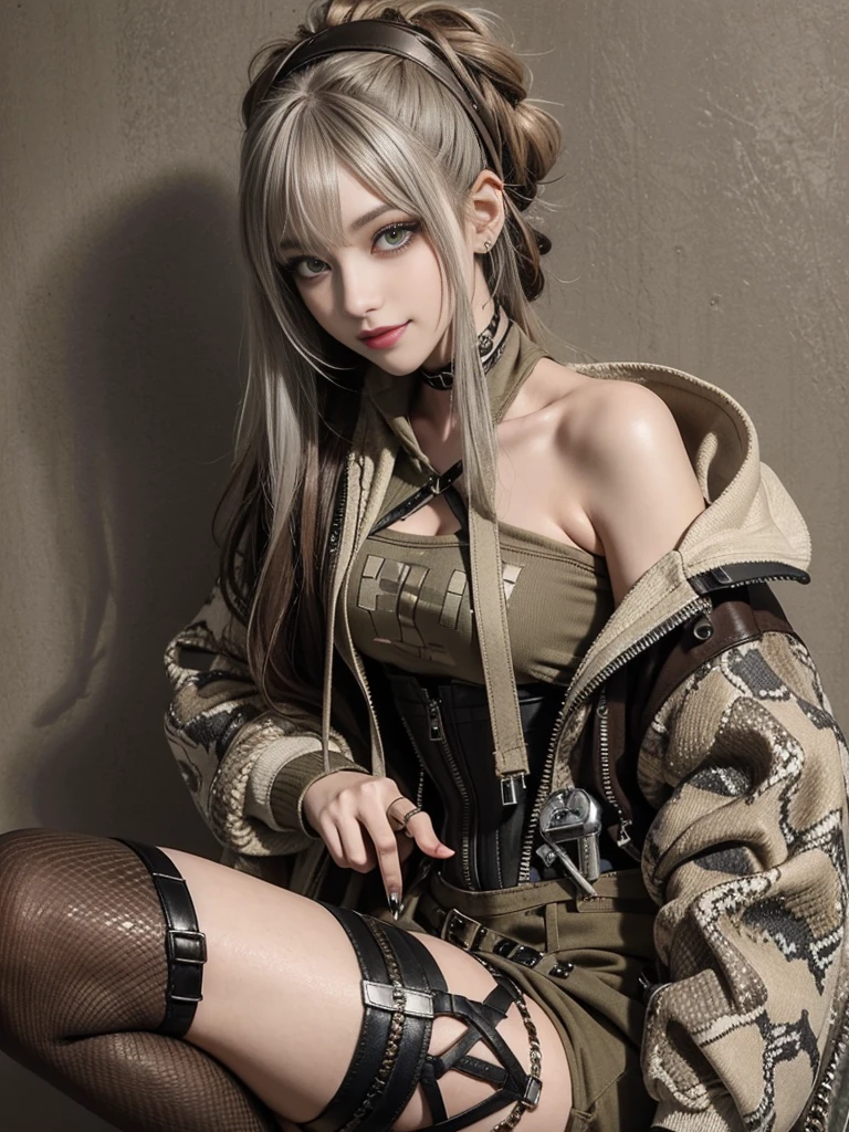 (Smiling with teeth showing:1.3),(Shibuya Gal:1.5)、(Beautiful:1.5)、(Neo-goth fashion:1.5)、(Punk RockVisual Kei:1.5)、(An off-the-shoulder hoodie in khaki and brown with delicate silver accessories.:1.5)、(A corset with a delicate beige and brown design:1.4)、(Dark grey, khaki and brown snakeskin bodysuit:1.5)、(Snake print headband:1.3)、(Beige and charcoal knee socks:1.4)、Embellished collar and long boots、(I'm selling snake print underwear.:1.4)、(Long eyelashes:1.3)、(20-year-old)、((Highest quality、8k、masterpiece:1.3))、1 Female、Slim and beautiful abs:1.3、(hairstyle casual、Beautiful boobs:1.1)、(Doing an aerobics pose:1.3)、dress:1.1、Super small face、Narrow eyes、double eyelid、A sloppy smile、Esbian all over body、Dynamic Angle、Close-up、CPL Filter、Blurred Background、Bokeh、Blue Hour、Detailed face and skin texture、Detailed eyes、,(Twin tails:1.3)、(Black brown hair:1.3)、Gravure idol、(The background is a glamorous dance hall:1.3)、(Make your legs thinner:1.4)、(Slim Body:1.3)、(clavicle:1.1)