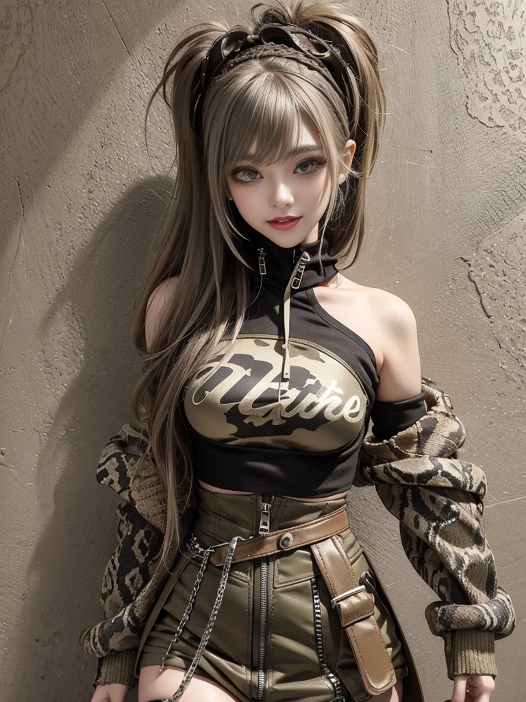 (Smiling with teeth showing:1.3),(Shibuya Gal:1.5)、(Beautiful:1.5)、(Neo-goth fashion:1.5)、(Punk RockVisual Kei:1.5)、(An off-the-shoulder hoodie in khaki and brown with delicate silver accessories.:1.5)、(A corset with a delicate beige and brown design:1.4)、(Dark grey, khaki and brown snakeskin bodysuit:1.5)、(Snake print headband:1.3)、(Beige and charcoal knee socks:1.4)、Embellished collar and long boots、(I&#39;m selling snake print underwear.:1.4)、(Long eyelashes:1.3)、(20-year-old)、((Highest quality、8k、masterpiece:1.3))、1 Female、Slim and beautiful abs:1.3、(hairstyle casual、Beautiful boobs:1.1)、(Doing an aerobics pose:1.3)、dress:1.1、Super small face、Narrow eyes、double eyelid、A sloppy smile、Esbian all over、Dynamic Angle、Close-up、CPL Filter、Blurred Background、Bokeh、Blue Hour、Detailed face and skin texture、Detailed eyes、,(Twin tails:1.3)、(Black brown hair:1.3)、Gravure idol、(The background is a glamorous dance hall:1.3)、(Make your legs thinner:1.4)、(Slim body:1.3)、(clavicle:1.1)