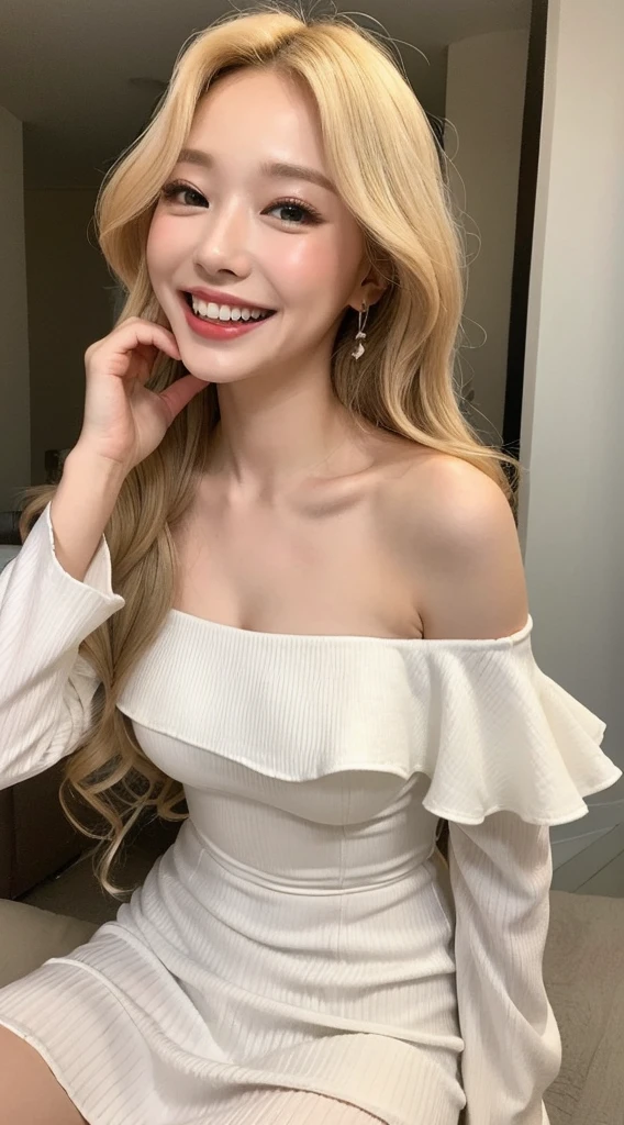 Surreal beautiful woman with blonde wavy hair and a big smile on her face.South Korea.Pure white off-shoulder low-cut dress.role play
