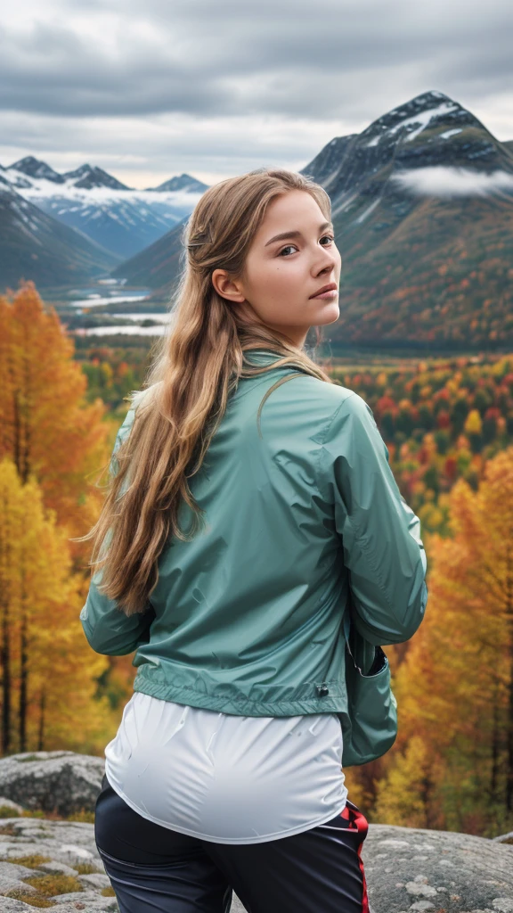 Naturescape photography; mountain climbing; Full body view; (1woman:0.5, solo), (slender body), (Small breasts) , (soaking wet red wind jacket ,tight satin Pants, terrain running shoes, big rucksack), standing on a mountain peak, Rough track, boulders , (long yellow hair), (nordic girl, 26-year-old, ultra delicate face, ultra Beautiful face, ultra delicate eyes, ultra detailed nose, ultra detailed mouth, ultra detailed facial features, natural skin, blemishes, blue eyes), (breasts are small: 0.5) (face is shiny:0.8), (natural skin:1  m, (Spectacular autumn rain, mountain views, with rugged Norwegian mountain ranges in the distance ), (Highest Quality, hyper-realistic:1.3, Super dense, very detailed illustration, Best image quality, very detailed illustration) natural skin, blemishes, detail skin texture, full body pose, natural skin poors, (((shot straight from the behind ))) she is uncomfortable and cold, afraid, sexy Ass, candid Ass,