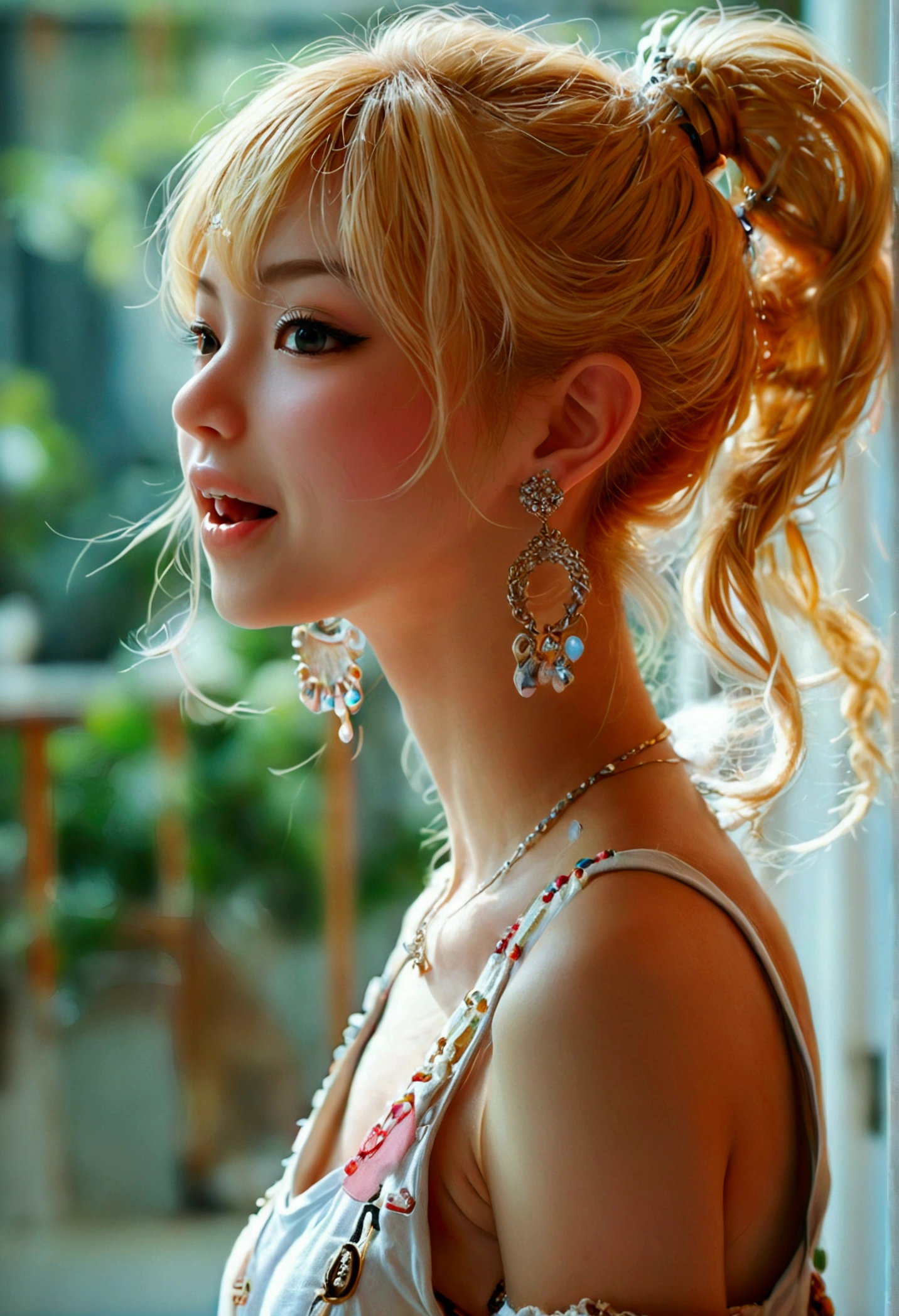 Japanese gyaru,blonde hair, t-shirt, laugh,open mouth, standing, twintails,earrings,(photorealistic:1.4),