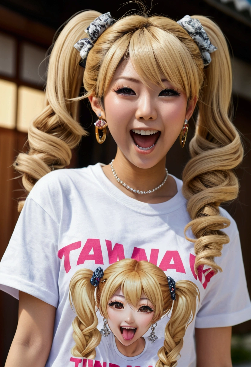 Japanese gyaru,blonde hair, t-shirt, laugh,open mouth, standing, twintails,earrings,(photorealistic:1.4),