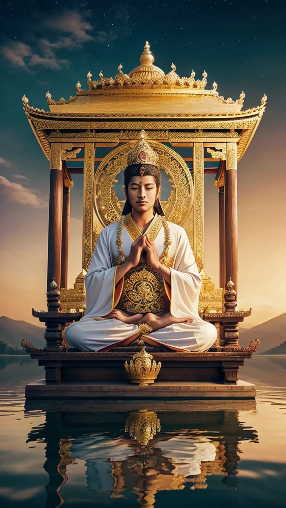 Masterpiece of Digital Art, 8k High Resolution, Sharukh Khan in a Stunning Portrayal, Revolutionary Detail, Hindu Deity-Inspired, Big Orange Hair in an Orange Dhoti, Prey of God, Sitting in a Temple by the River, Shahrukh Khan Transformed into an Indian Mythological Figure, Intricate Detailing, Shahrukh Khan's Chiseled Face and Intense Eyes, Long Curly Hair, Orange Dhoti with Golden Borders, Sitting in a Serene Temple, River flowing nearby, Moody and Mystical Atmosphere, Complex Intricacies, Temple Carvings, Virtual Engine 5,