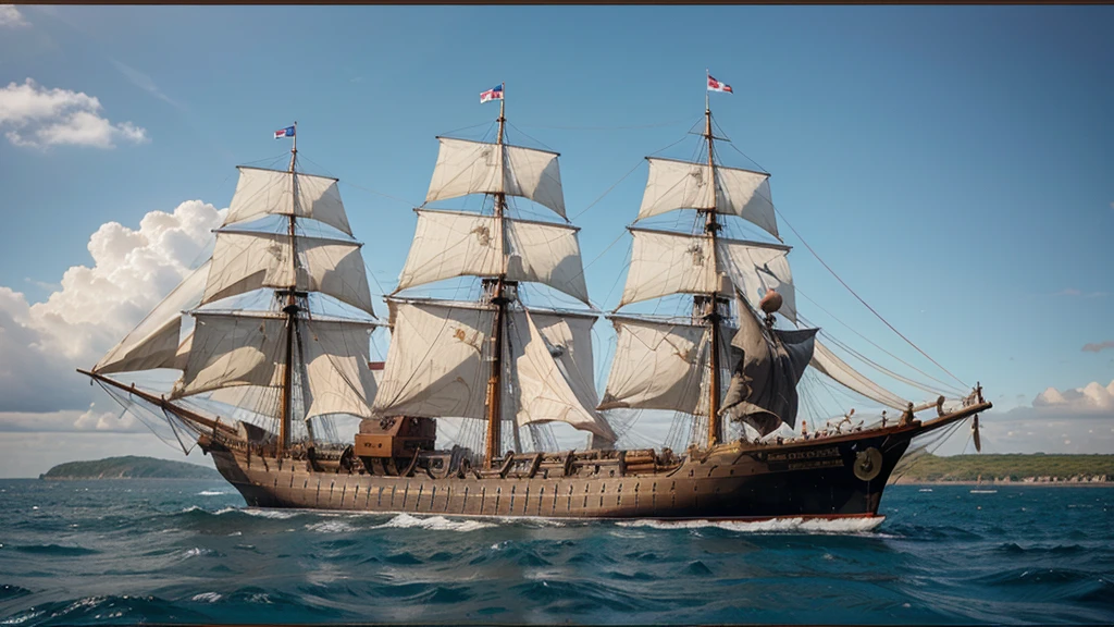 "European colonial ships sailing towards the New World, 17th century, historical painting style"