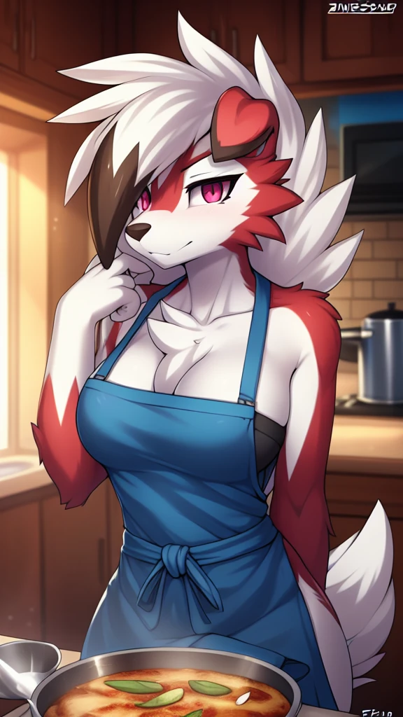 By zinfyu,by twistedscarlet60, uploaded on pixiv, by fluff-kevlar, (masterpiece), (best quality), (solo female:1.2), (extremely detailed:1.3),(detailed eye,black circle on eye,pink eye), lycanroc midnight, view on viewer, close view, half body on potrait, only body and head, close view, wearing cooking apron,in kitchen, serving food, (tail:1.1), closeup photo of lycanroc, adult body posture
