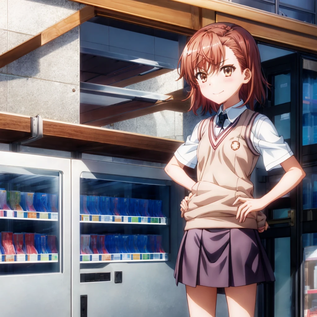 superior_Mikoto, One Girl, alone, School_uniform, tokiwadai_School_uniform, smile,sweater_Best, masterpiece,skirt, brown_sweater_Best,Laughter、Schools、Arms crossed,Blitzkrieg,vending machine
