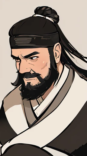 Monochrome,Oriental、Men in ancient Chinese costumes、(ancient chinese hairstyle male)、As seen in the Romance of the Three Kingdoms々military commander、Highest quality、masterpiece、Ultra-high resolution、(Realistic:1.4)、Game Poster、Crisp and beautiful image quality、beard、Embroidered cloth wrapped around a topknot、whole body ,((Skin of color, ),(Heavy Blackbeard):1.2), ( (Very detailed, bloom:1.5), (Highest quality, Concept Art, 4K), (analog:1.2), (high sharpness), (Detailed pupil:1.1), (Painting:1.1), (digital Painting:1.1), Detailed face and eyes, masterpiece, Highest quality, (Very detailed写真:1.1), 8K, photoRealistic, (Black Hair, Dynamic Short Hair), (PurerosFace_v1:0.2), [:(Detailed face:1.2):0.2], sharp, Realistic, Realistic Shadow, 