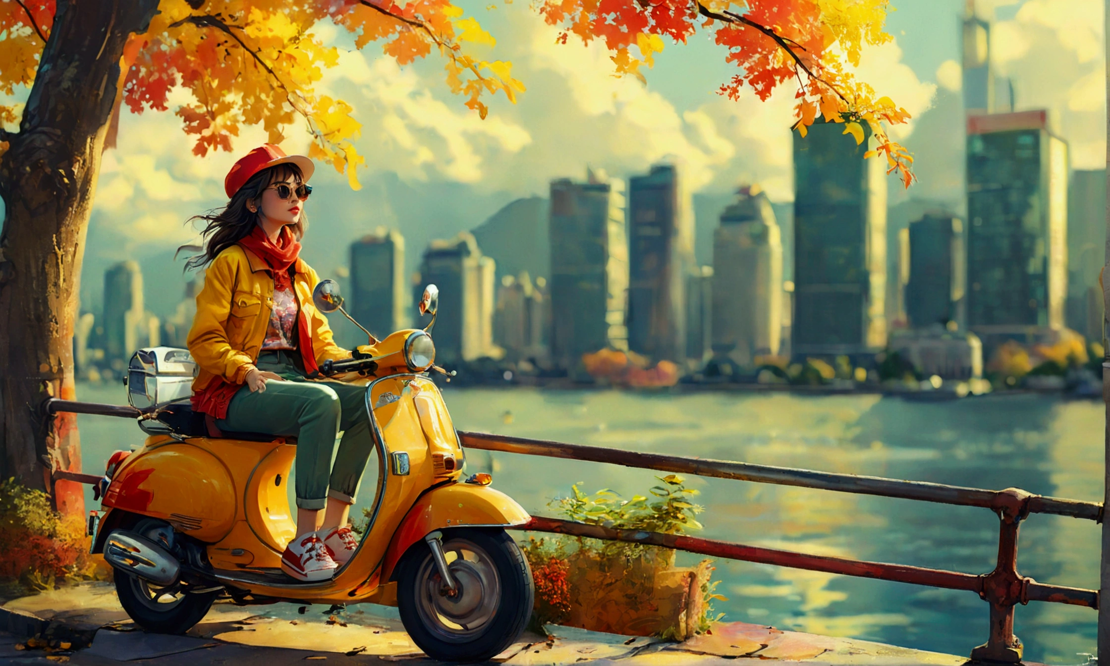 An illustration of a young woman sitting on a vintage yellow and red scooter parked near a railing. The background features a modern city skyline with tall buildings and a body of water reflecting the cityscape. The woman is wearing a colorful, casual outfit, and the atmosphere is relaxed and peaceful. The image has a retro, anime-inspired art style.
