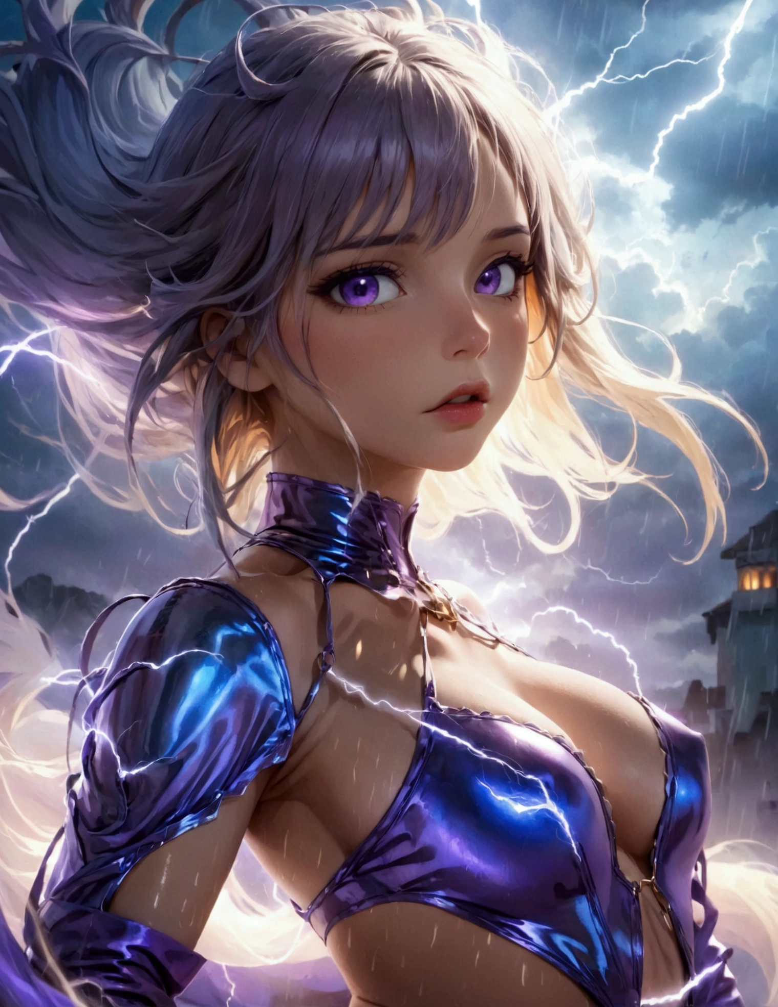 a cute woman, 25 years old, violet eyes, violet metallic sleeves, violet metallic thigh high boots, lightning goddess, floating in storm clouds, held in air by arcs of lightning, best quality, 8k, highres, masterpiece, ultra-detailed, realistic, photorealistic, photo-realistic, HDR, UHD, studio lighting, ultra-fine painting, sharp focus, physically-based rendering, extreme detail description, professional, vivid colors, bokeh, fantasy, cinematic lighting, dramatic, glowing, ethereal, moody, mystical (show all of her, Priority: show her entire body show her entire body)