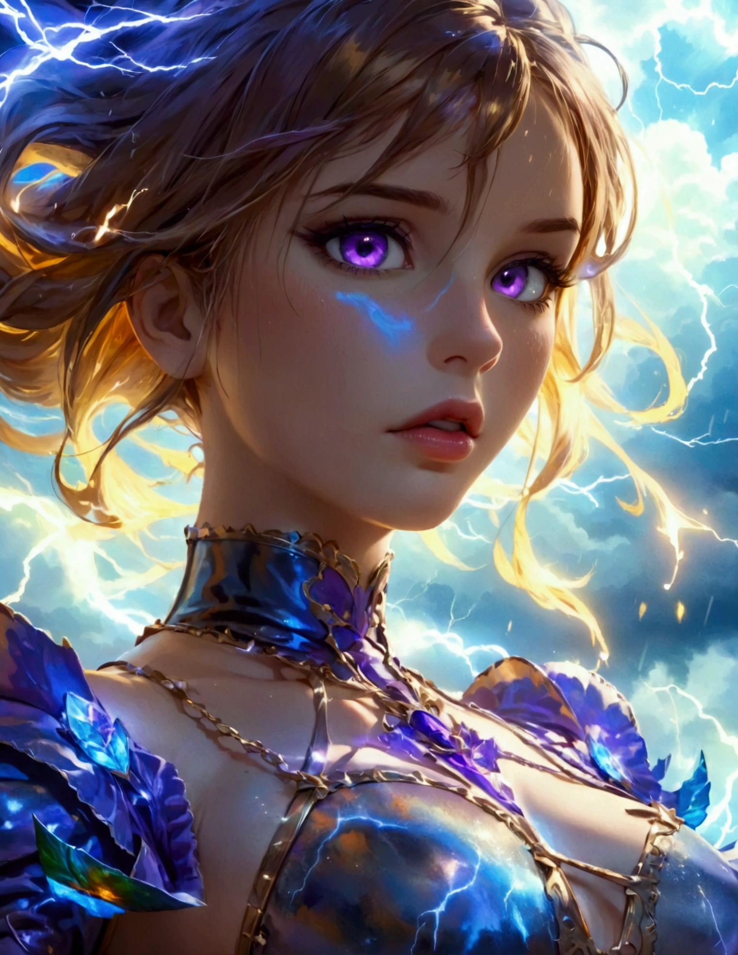 a cute woman, 25 years old, violet eyes, violet metallic sleeves, violet metallic thigh high boots, lightning goddess, floating in storm clouds, held in air by arcs of lightning, best quality, 8k, highres, masterpiece, ultra-detailed, realistic, photorealistic, photo-realistic, HDR, UHD, studio lighting, ultra-fine painting, sharp focus, physically-based rendering, extreme detail description, professional, vivid colors, bokeh, fantasy, cinematic lighting, dramatic, glowing, ethereal, moody, mystical (show all of her, Priority: show her entire body show her entire body)
