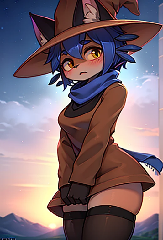 (score_9,score_8_up,score_7_up), art by zinfyu, Best Quality, Masterpiece, (Absurdres:), Detailed, Ultra-Detailed, Digital Art, correct anatomy, arms in correct position, niko, solo, young male, full body, cat boy, young, human nose, hat, cute, happy face, smug smile, blushing, beautiful eyes, cat eyes, yellow eyes, cat pupil, (Walking through the world machine:1.1), city at night, holding a very large light bulb shaped lamp, (wearing lace lingerie:1.3), stockings and garter belt, crotchless panties, lace bustier