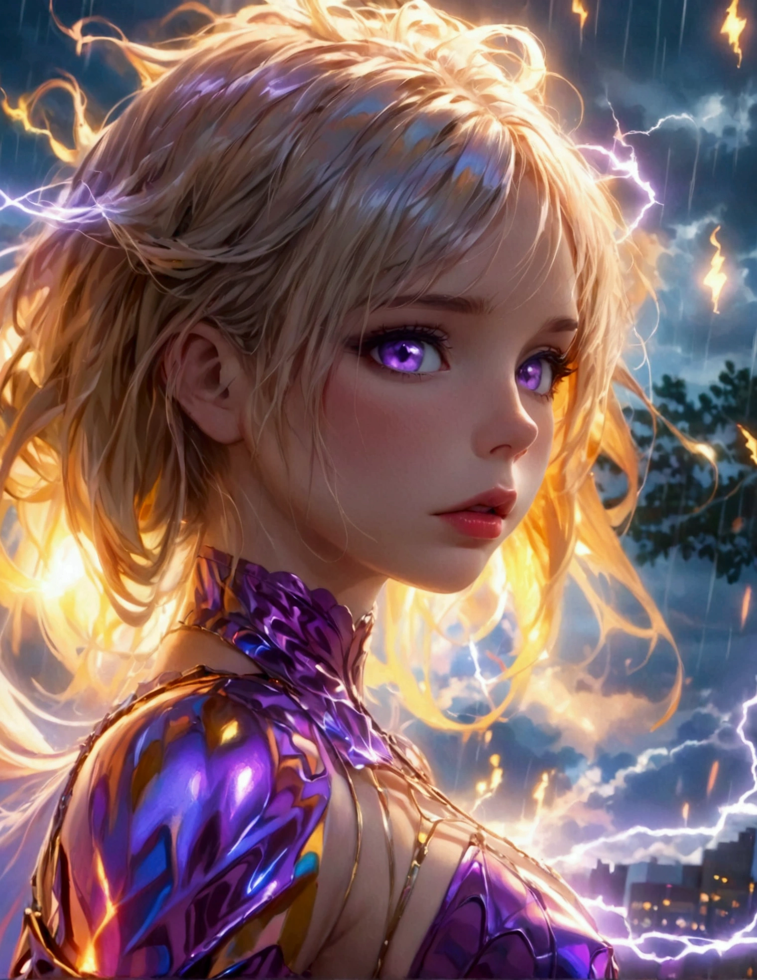 a cute woman, 25 years old, violet eyes, violet metallic sleeves, violet metallic thigh high boots, lightning goddess, floating in storm clouds, held in air by arcs of lightning, best quality, 8k, highres, masterpiece, ultra-detailed, realistic, photorealistic, photo-realistic, HDR, UHD, studio lighting, ultra-fine painting, sharp focus, physically-based rendering, extreme detail description, professional, vivid colors, bokeh, fantasy, cinematic lighting, dramatic, glowing, ethereal, moody, mystical (show all of her, Priority: show her entire body show her entire body)