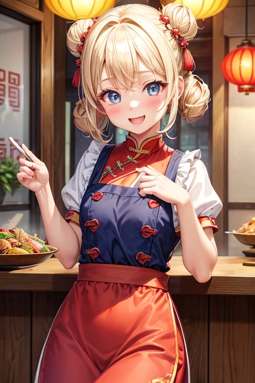 One girl,Blonde,Twin tails,Bun hairstyle,Curly Hair,short hair,Red Chinese clothing,apron,Blue Eyes,blush,Mouth wide open,A very happy smile,Energetic girl,Girl with small,Small breasted girl,Small  Girls,,flat chest,Chinese restaurant,Gorgeous