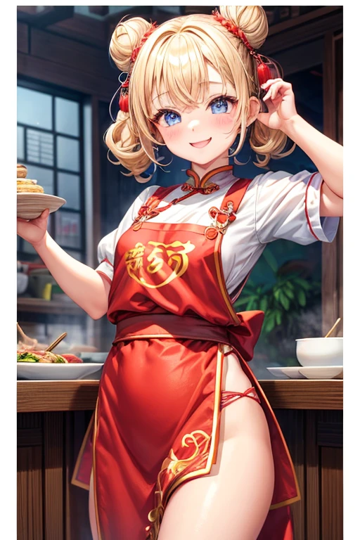 One girl,Blonde,Twin tails,Bun hairstyle,Curly Hair,short hair,Red Chinese clothing,apron,Blue Eyes,blush,Mouth wide open,A very happy smile,Energetic girl,Girl with small,Small breasted girl,Small Girls,,flat chest,Chinese restaurant,Gorgeous