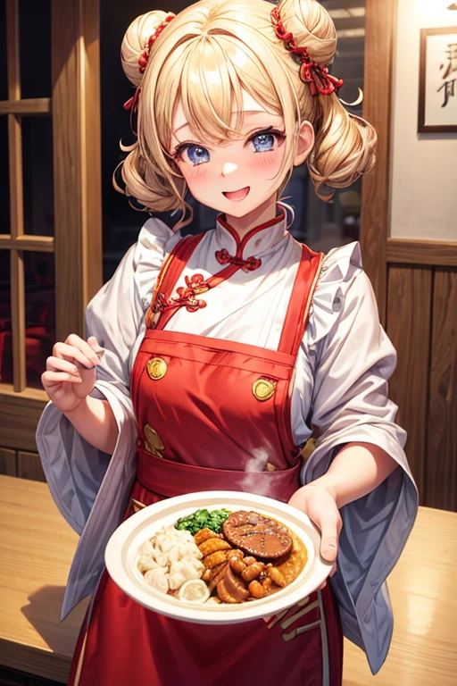 One girl,Blonde,Twin tails,Bun hairstyle,Curly Hair,short hair,Red Chinese clothing,apron,Blue Eyes,blush,Mouth wide open,A very happy smile,Energetic girl,Girl with small,Small breasted girl,Small Girls,,flat chest,Chinese restaurant,Gorgeous