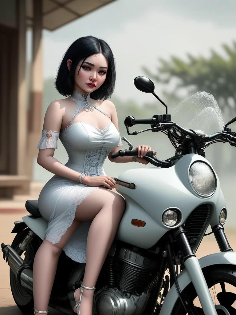 There was a woman sitting on a motorcycle with a car next to her., Thawan Duchanee, Niwan Chandra, Patiphan SoTwilaiphong, Patiphan SoTwilai, 🚿🗝📝, in style of Thawan Duchanee, 🔞🤡, Sukhothai dress, photography, T.Bankrupt, Full equipment