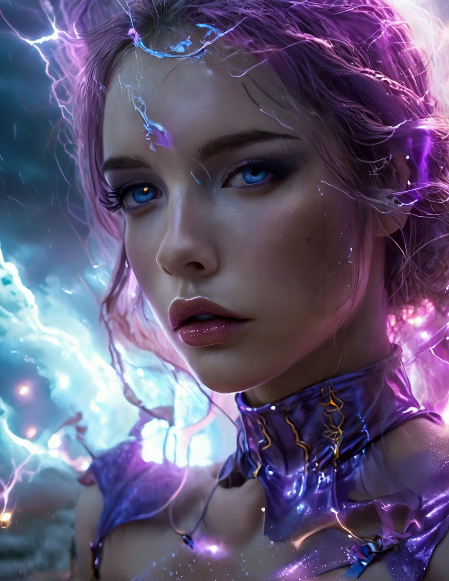 a cute woman, 25 years old, violet eyes, violet metallic sleeves, violet metallic thigh high boots, lightning goddess, floating in storm clouds, held in air by arcs of lightning, best quality, 8k, highres, masterpiece, ultra-detailed, realistic, photorealistic, photo-realistic, HDR, UHD, studio lighting, ultra-fine painting, sharp focus, physically-based rendering, extreme detail description, professional, vivid colors, bokeh, fantasy, cinematic lighting, dramatic, glowing, ethereal, moody, mystical (show all of her, Priority: show her entire body show her entire body)