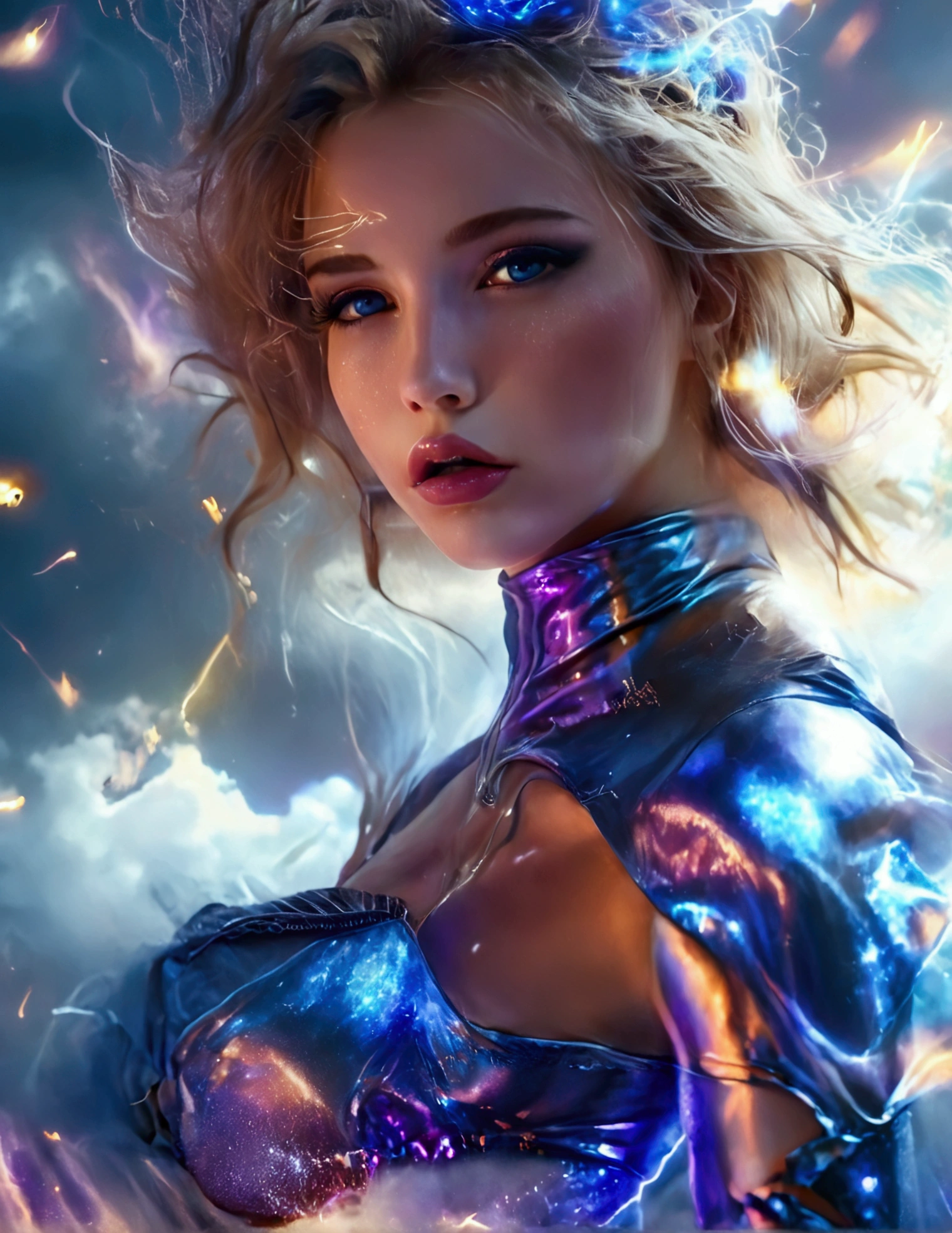a cute woman, 25 years old, violet eyes, violet metallic sleeves, violet metallic thigh high boots, lightning goddess, floating in storm clouds, held in air by arcs of lightning, best quality, 8k, highres, masterpiece, ultra-detailed, realistic, photorealistic, photo-realistic, HDR, UHD, studio lighting, ultra-fine painting, sharp focus, physically-based rendering, extreme detail description, professional, vivid colors, bokeh, fantasy, cinematic lighting, dramatic, glowing, ethereal, moody, mystical (show all of her, Priority: show her entire body show her entire body)