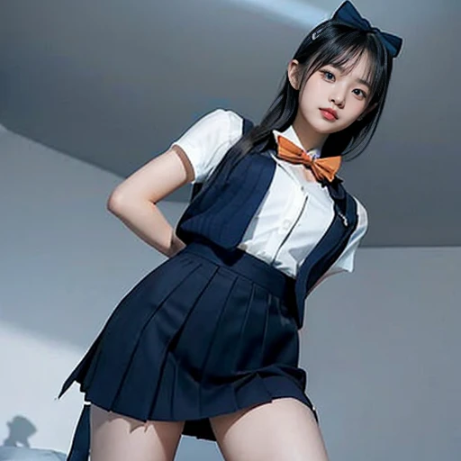 (masterpiece:1.2, Highest quality), (Realistic, photoRealistic:1.4), Beautiful illustrations, (Natural Side Lighting, Cinema Lighting), Written boundary depth, Looking at the audience, (Face Focus, whole body), Front view, 1 Girl, English, high school girl, 15 years old, Perfect Face, Cute symmetrical face, Shiny skin, (Bob Hair:1.7,Black Hair), Asymmetrical bangs, Big eyes, Droopy eyes, long eyelashes chest), thin, Beautiful Hair, Beautiful Face, Beautiful and beautiful eyes, Beautiful clavicle, Beautiful body, Beautiful breasts, Beautiful thighs, Beautiful feet, Beautiful fingers, ((High quality fabric, brown knit vest, Short sleeve white collar shirt, Navy Pleated Skirt, Navy bow tie)), (Beautiful views), evening, (smile, wonderful, Open your mouth), (From below:1.5),(((Backlight))),The butt turns to the viewer, On my hands and knees in bed