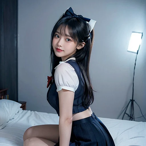 (masterpiece:1.2, Highest quality), (Realistic, photoRealistic:1.4), Beautiful illustrations, (Natural Side Lighting, Cinema Lighting), Written boundary depth, Looking at the audience, (Face Focus, whole body), Front view, 1 Girl, English, high school girl, , Perfect Face, Cute symmetrical face, Shiny skin, (Bob Hair:1.7,Black Hair), Asymmetrical bangs, Big eyes, Droopy eyes, long eyelashes chest), thin, Beautiful Hair, Beautiful Face, Beautiful and beautiful eyes, Beautiful clavicle, Beautiful body, Beautiful breasts, Beautiful thighs, Beautiful feet, Beautiful fingers, ((High quality fabric, brown knit vest, Short sleeve white collar shirt, Navy Pleated Skirt, Navy bow tie)), (Beautiful views), evening, (smile, wonderful, Open your mouth), (From below:1.5),(((Backlight))),The butt turns to the viewer, On my hands and knees in bed