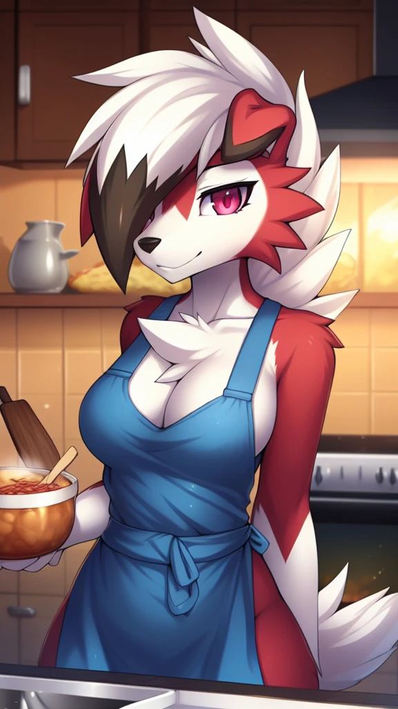 By zinfyu,by twistedscarlet60, uploaded on pixiv, by fluff-kevlar, (masterpiece), (best quality), (solo female:1.2), (extremely detailed:1.3),(detailed eye,black circle on eye,pink eye), lycanroc midnight, view on viewer, close view, half body on potrait, only body and head, close view, wearing cooking apron,in kitchen,cooking food, (tail:1.1), closeup photo of lycanroc, adult body posture