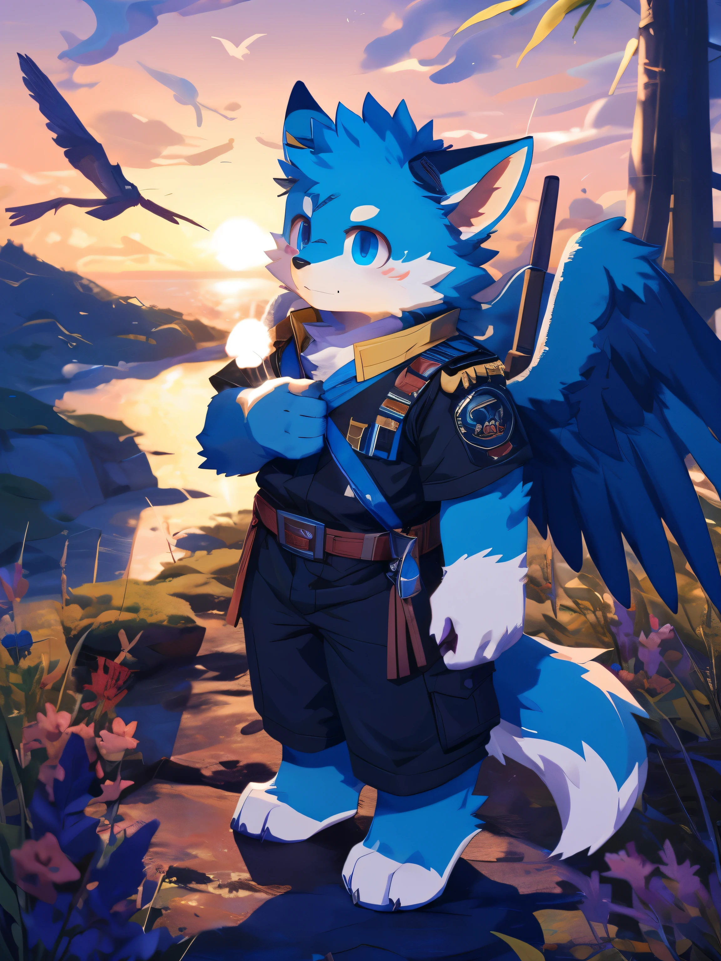 nj5furry，kemono，full-length portrait，anthro，hi res，juvenile，male，Explorer，Mao Long，Sky blue fur，Gold Texture，Fluffy hair，White feathered wings，White plush paw，Delicate eyes，Detailed eyes，Extremely high detail，8K HD characters，