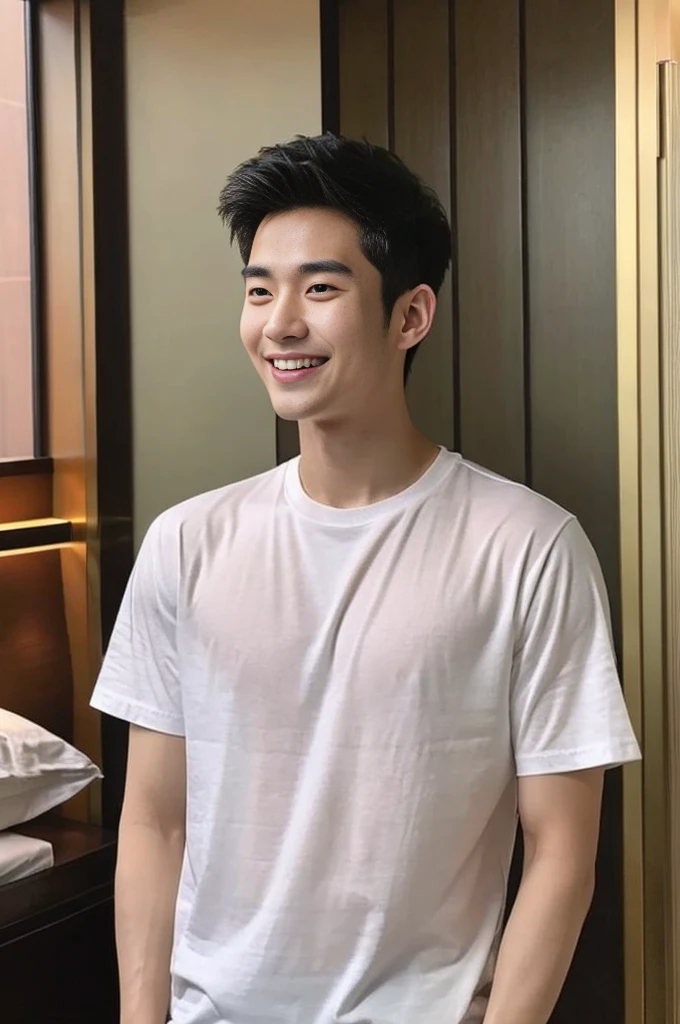 Korean man, Inspiration from Peng Yuyan, 23 years old, Korean muscular man ，Luxury hotel bedroom, white t-shirt in the background, open mouth smile