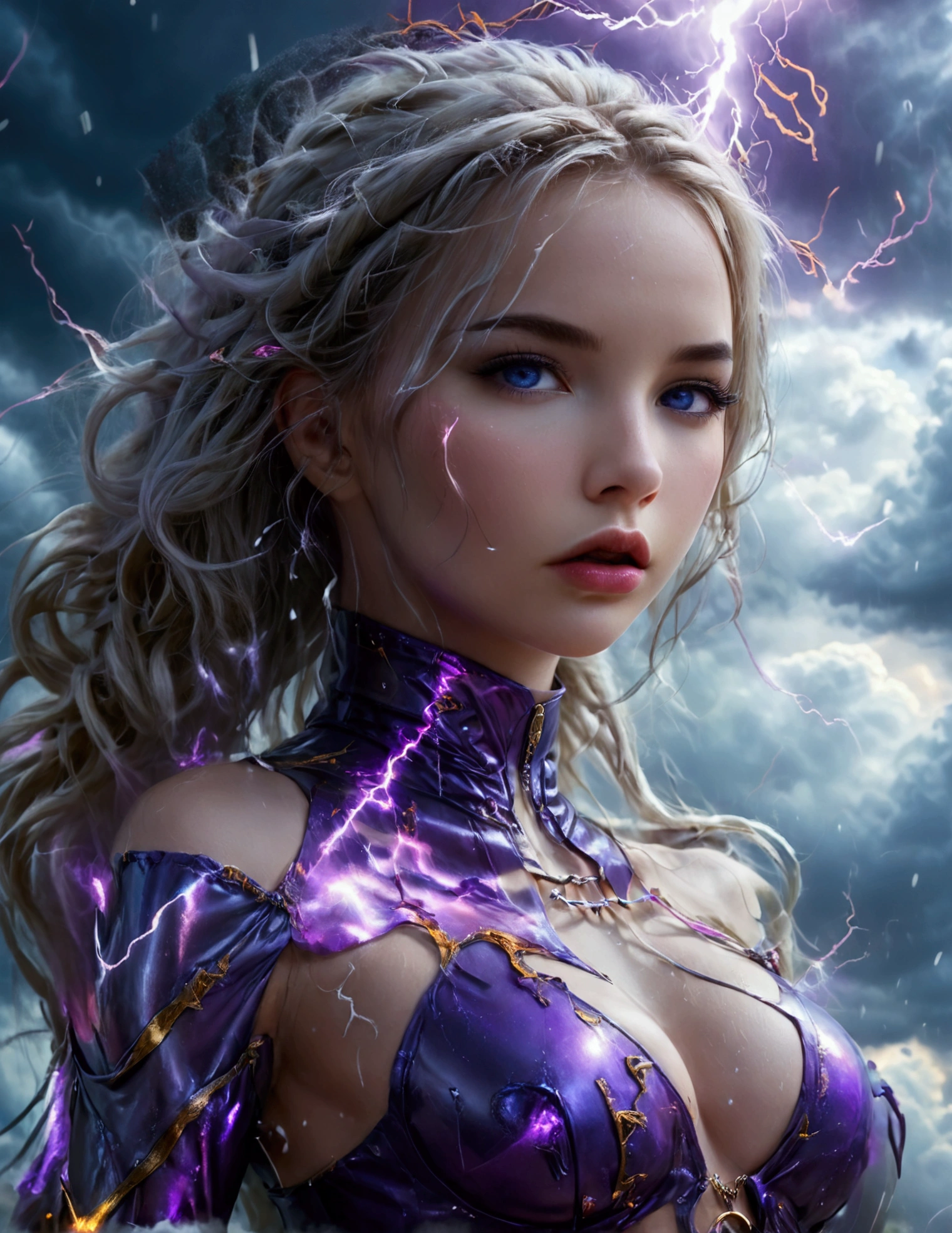 a cute woman, 25 years old, violet eyes, violet metallic sleeves, violet metallic thigh high boots, lightning goddess, floating in storm clouds, held in air by arcs of lightning, best quality, 8k, highres, masterpiece, ultra-detailed, realistic, photorealistic, photo-realistic, HDR, UHD, studio lighting, ultra-fine painting, sharp focus, physically-based rendering, extreme detail description, professional, vivid colors, bokeh, fantasy, cinematic lighting, dramatic, glowing, ethereal, moody, mystical (show all of her, Priority: show her entire body show her entire body)
