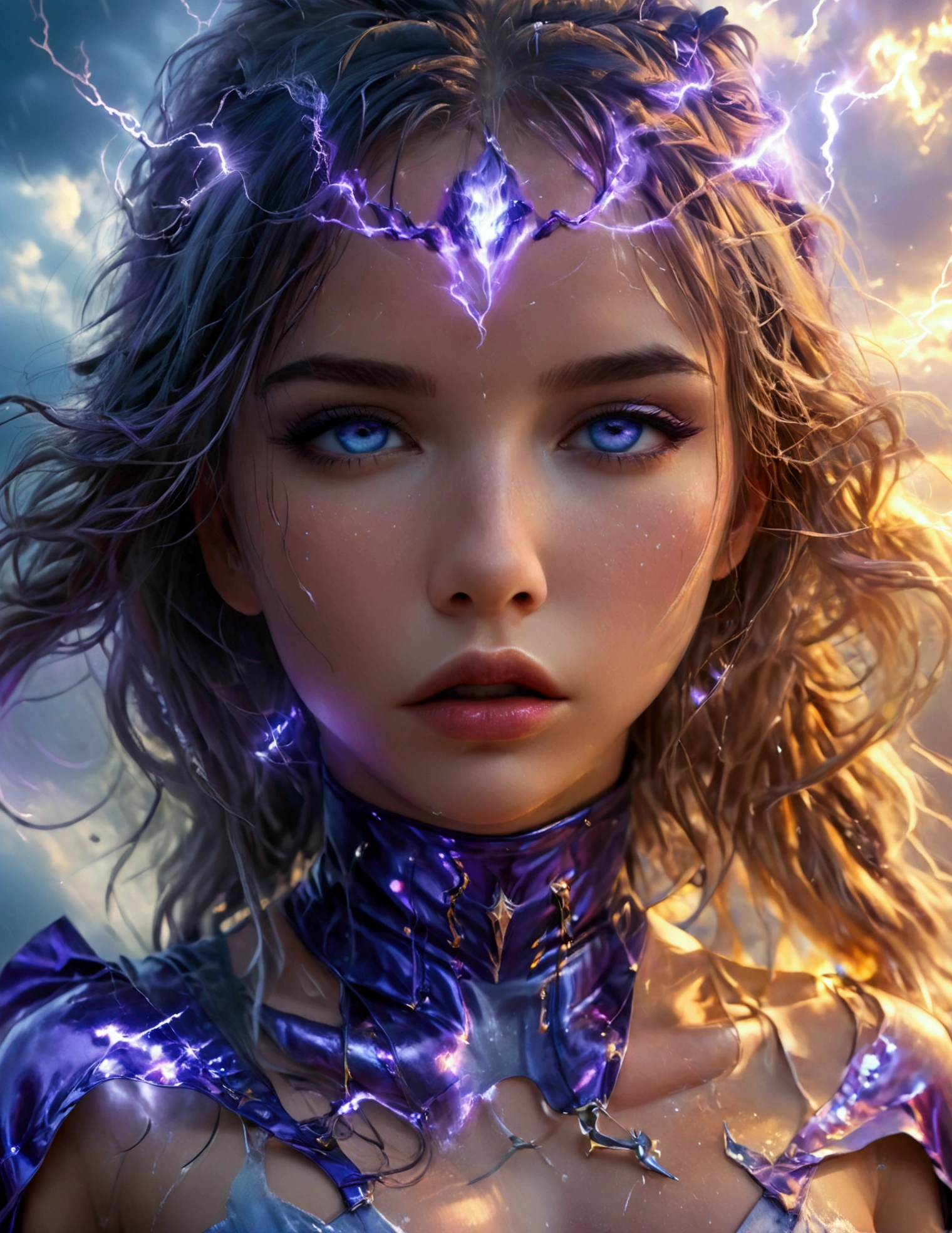 a cute woman, 25 years old, violet eyes, violet metallic sleeves, violet metallic thigh high boots, lightning goddess, floating in storm clouds, held in air by arcs of lightning, best quality, 8k, highres, masterpiece, ultra-detailed, realistic, photorealistic, photo-realistic, HDR, UHD, studio lighting, ultra-fine painting, sharp focus, physically-based rendering, extreme detail description, professional, vivid colors, bokeh, fantasy, cinematic lighting, dramatic, glowing, ethereal, moody, mystical (show all of her, Priority: show her entire body show her entire body)
