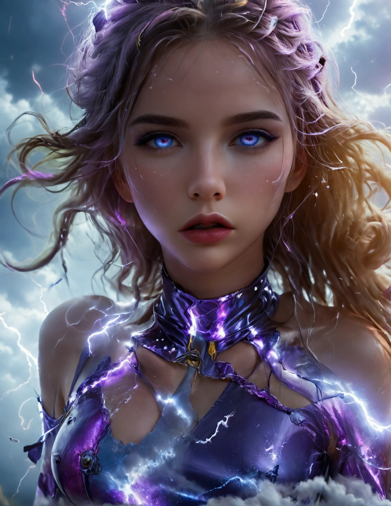 a cute woman, 25 years old, violet eyes, violet metallic sleeves, violet metallic thigh high boots, lightning goddess, floating in storm clouds, held in air by arcs of lightning, best quality, 8k, highres, masterpiece, ultra-detailed, realistic, photorealistic, photo-realistic, HDR, UHD, studio lighting, ultra-fine painting, sharp focus, physically-based rendering, extreme detail description, professional, vivid colors, bokeh, fantasy, cinematic lighting, dramatic, glowing, ethereal, moody, mystical (show all of her, Priority: show her entire body show her entire body)