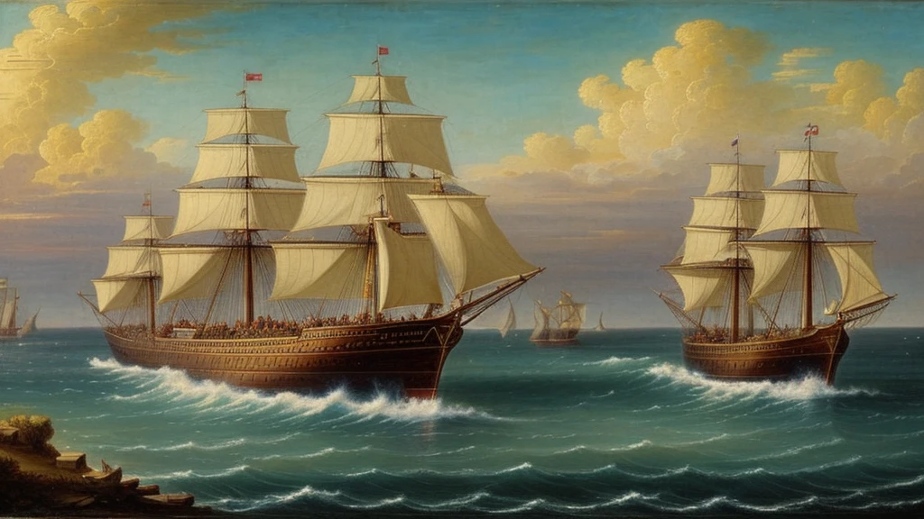 "European colonial ships sailing towards the New World, 17th century, historical painting style"