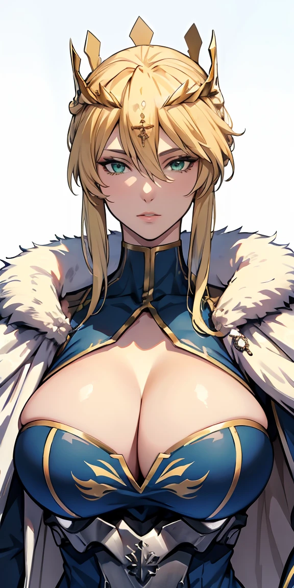 Artoria Lancer, mature woman, elegant, blonde hair, green eyes, casual clothes, crown, white cape, fur trim, portrait, upper body, curvaceous, 4k resolution, high quality