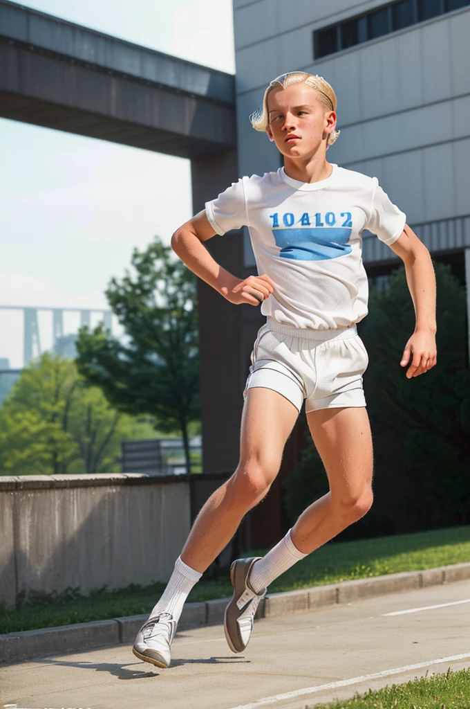 Zollverein, 1940. profile view of A young ((((-yeld)) ner Pfennig)), young man, running fast, ((((clothings from the 1940s, white shorts and t-shirt)))), ((platinum blonde hairstyle of the 1940s))