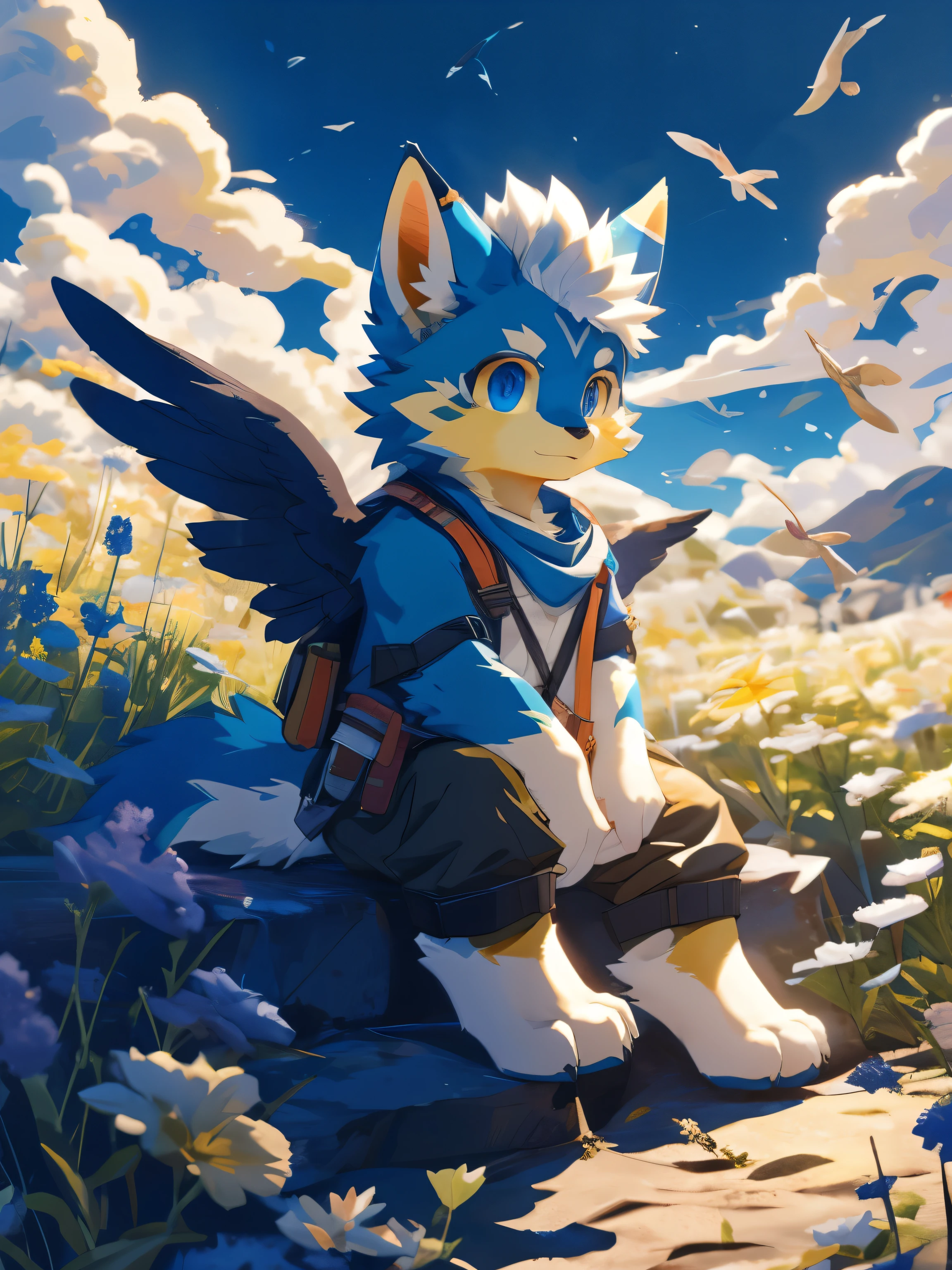 nj5furry,kemono,full-length portrait,anthro,hi res,juvenile,male,Explorer,Sky blue fur,Golden lines on forehead,Fluffy hair,White feathered wings,White plush paw,Delicate eyes,Detailed eyes,Extremely high detail,8K HD characters
