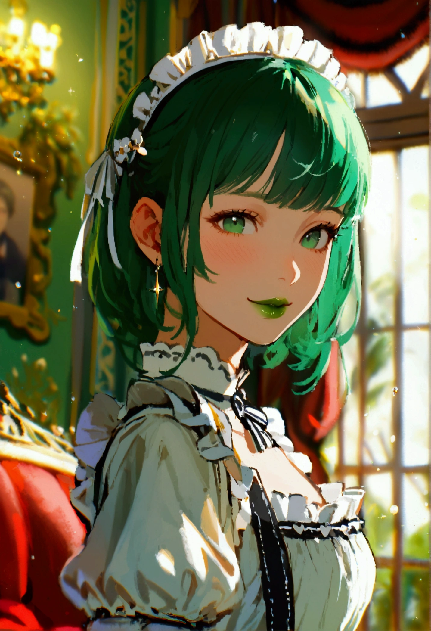 1girl with medium green hair, green eyes, green lips, maid uniform, decolletage, smiling, rich living room, indoors, young face