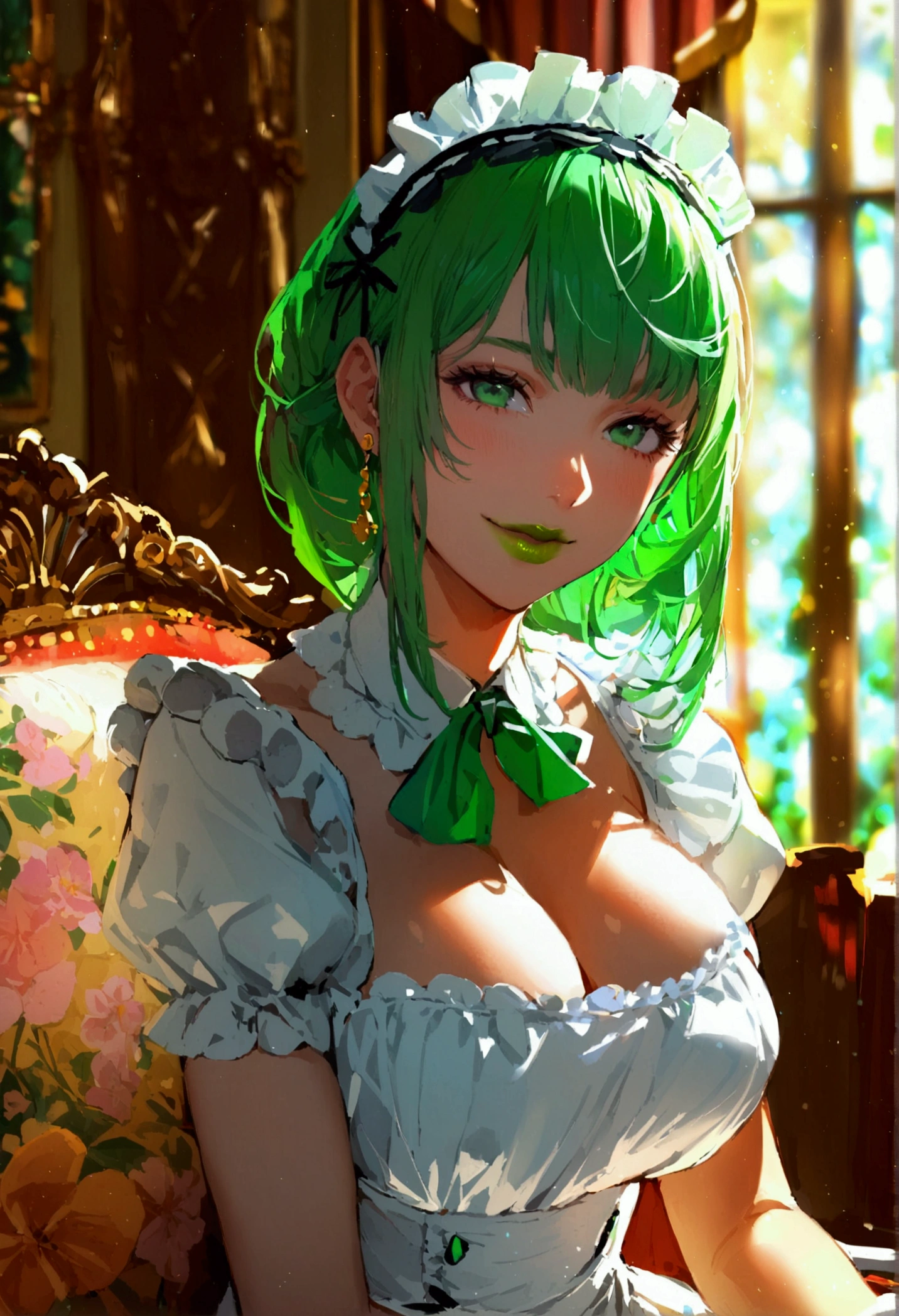 1girl with medium green hair, green eyes, green lips, maid uniform, decolletage, smiling, rich living room, indoors, young face