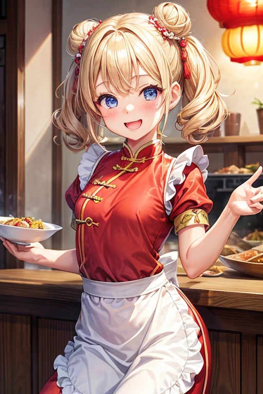 One girl,waitress,Blonde,Twin tails,Bun hairstyle,Curly Hair,short hair,Red Chinese clothing,apron,Blue Eyes,blush,Mouth wide open,A very happy smile,Energetic girl,Girl with small,Small breasted girl,Small  Girls,,flat chest,Chinese restaurant,Gorgeous