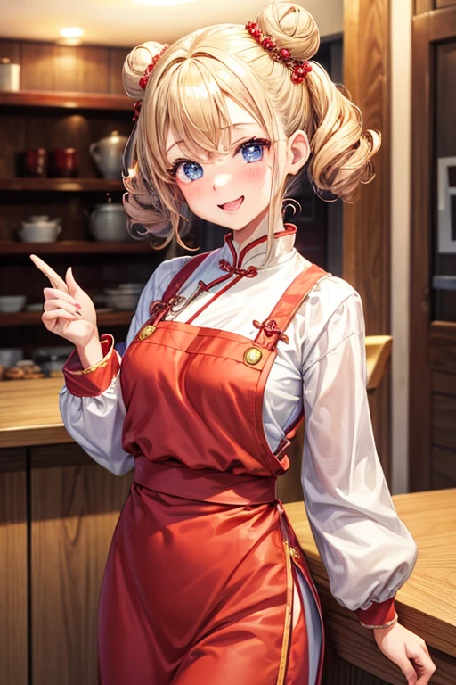 One girl,waitress,Blonde,Twin tails,Bun hairstyle,Curly Hair,short hair,Red Chinese clothing,apron,Blue Eyes,blush,Mouth wide open,A very happy smile,Energetic girl,Girl with small,Small breasted girl,Small  Girls,,flat chest,Chinese restaurant,Gorgeous
