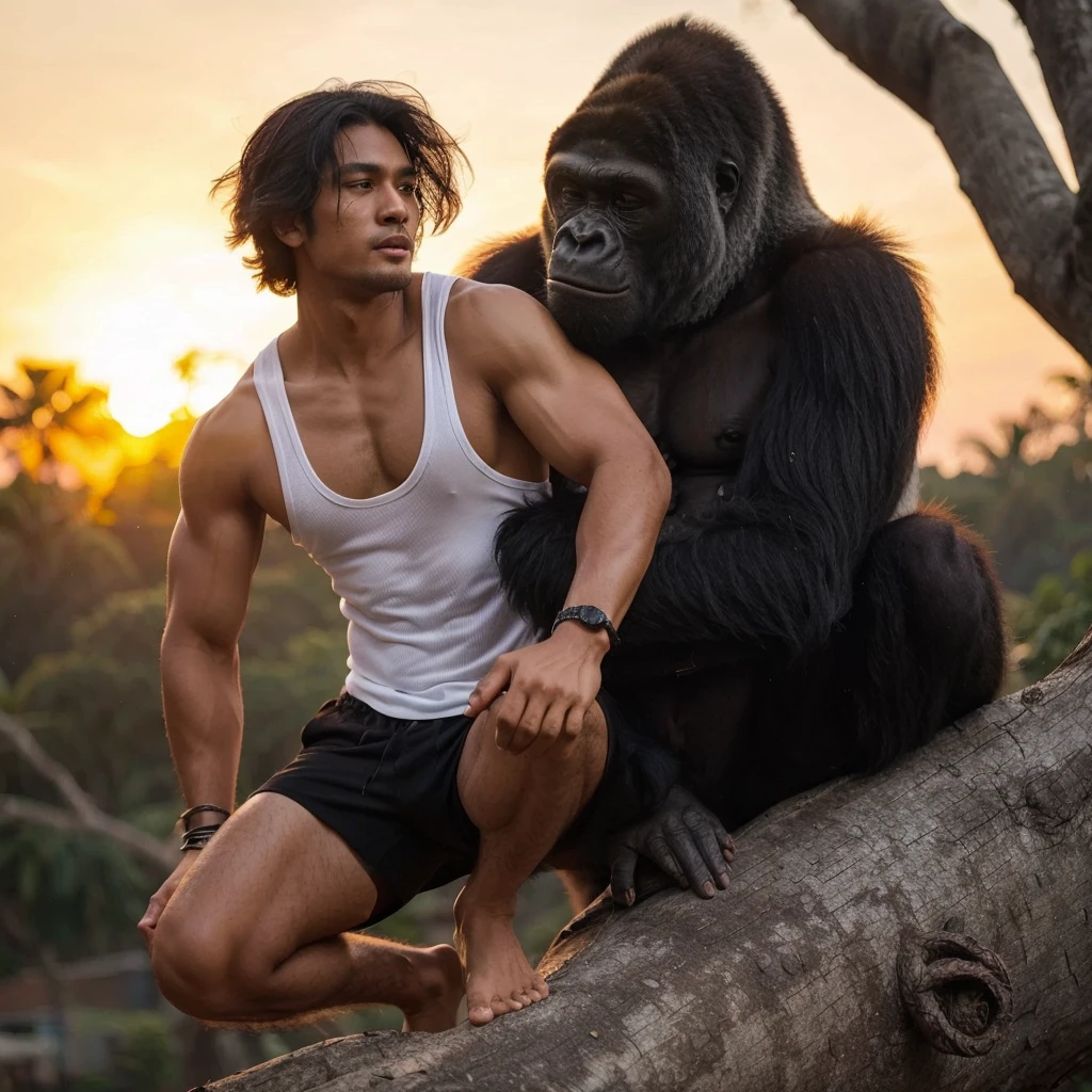 A handsome 30-year-old Indonesian man with layered hair, wearing a white singlet and black shorts, playing with a large gorilla on a big tree branch. The background is a sunset