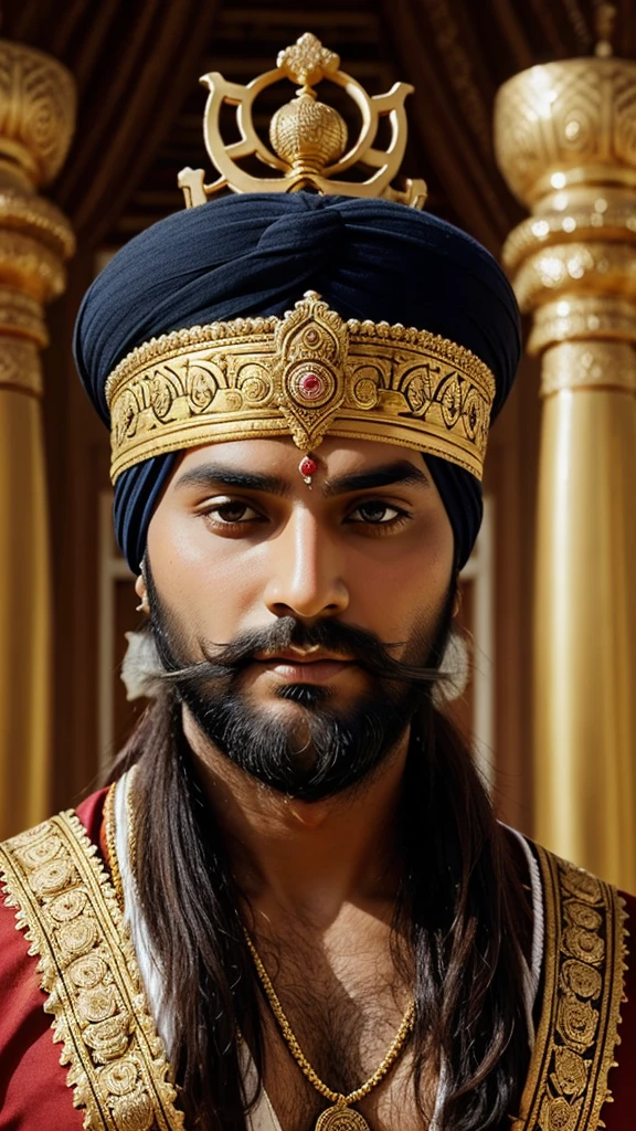 Illustrate a noble king in traditional Sikh attire with a crown decorated with Khanda symbols. The scene should include iconic Sikh architecture like the Golden Temple.