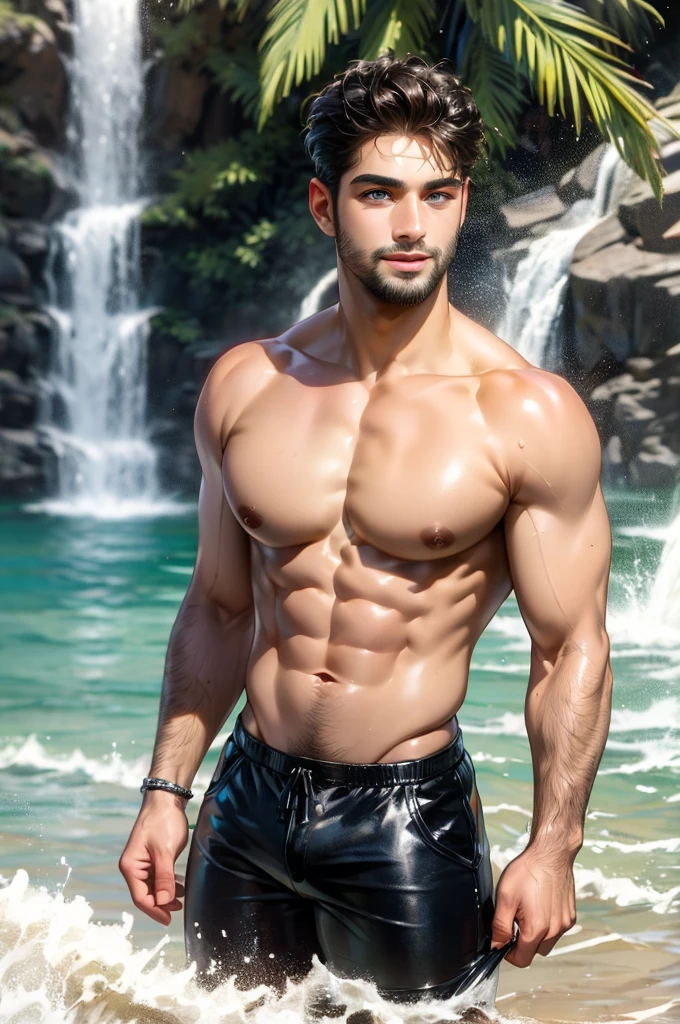 A Handsome man with Latin mulatto skin and attractive features, tanned skin tone, dark blue eyes with friendly expression, thick muscles, black brown hairstyle, small beard, wearing black leather tight tank top and leather pants, beautiful tattoos all over the body.