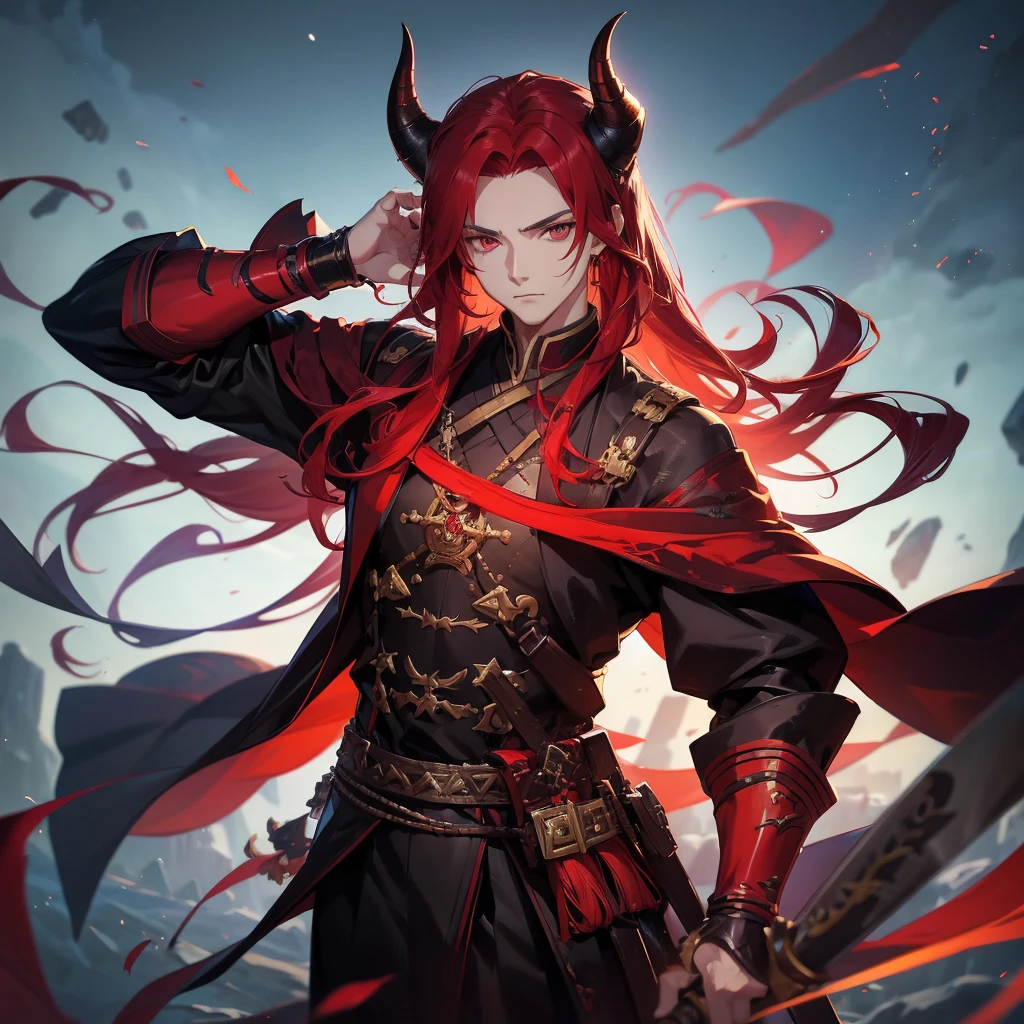 1 handsome guy in demon killer art, demon horn, red hair，sword,  Inspired by Bian Shoumin, heise jinyao, Inspired by Seki Dosheng, Cai Xukun, by Yang J, Guviz-style artwork, Deviantart ArtStation CGSCOSIETY, demon slayer rui fanart, 8k, hd, unreal engine, manly, handsome, 