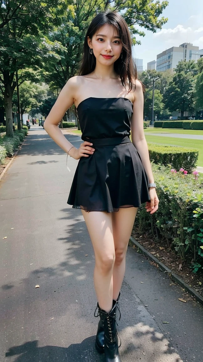 (8K、RAW Photos、Highest quality、masterpiece:1.2)、(Highest quality、Realistic)、1 Girl、((Tube top、mini skirt、Idol Costume、ribbon、See-through、Silver and Black、Thin legs、whole body、boots、garden、View from the front、Looking into the camera、Stand with hands on hips))、cute